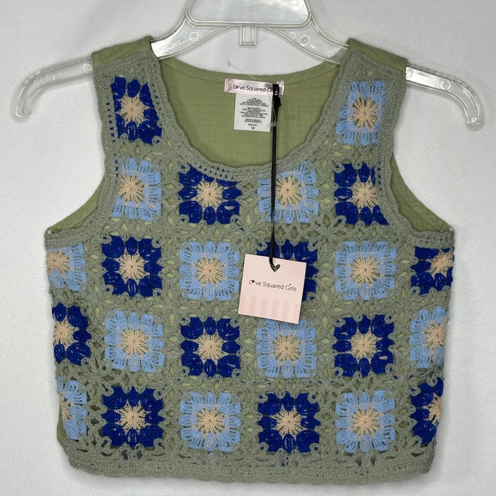 Love‎ Squared Girls MWT Crochet Granny Square Tank Top Vest Boho Y2K Sz 10